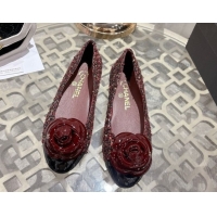 Stylish Chanel Tweed & Patent Leather Ballet Flats with Camellia Bloom CH030704 Burgundy 2026