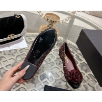 Stylish Chanel Tweed & Patent Leather Ballet Flats with Camellia Bloom CH030704 Burgundy 2026