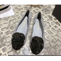 Luxury Cheap Chanel Tweed & Patent Leather Ballet Flats with Camellia Bloom CH030704 Grey 2026