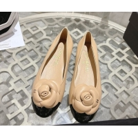 Charming Chanel Lambskin & Patent Leather Ballet Flats with Camellia Bloom CH030704 Beige 2026