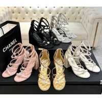 Classic Hot Chanel Calfskin Heel Strap Sandals with Pearl Bloom Gold CH0307 Black 2026