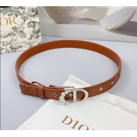 Low Price Dior Oblique Leather Belt 3cm with Pearls CD Buckle 0108 Brown/Silver 2025