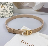 Super Quality Dior Oblique Leather Belt 3cm with Pearls CD Buckle 0108 Beige/Gold 2025