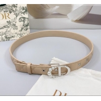 Unique Discount Dior Oblique Leather Belt 3cm with Pearls CD Buckle 0108 Beige/Silver 2025