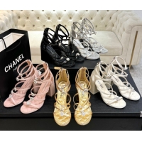 Shop Duplicate Chanel Calfskin Heel Strap Sandals with Pearl Bloom Gold CH0307 Silver 2026