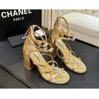 Low Cost Chanel Calfskin Heel Strap Sandals with Pearl Bloom Gold CH0307 Gold 2026