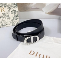 Good Taste Dior Calfskin Leather Belt 3cm with Pearls CD Buckle 0108 Black/Silver 2025