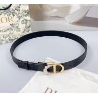Luxury Discount Dior Calfskin Leather Belt 3cm with Pearls CD Buckle 0108 Black/Gold 2025
