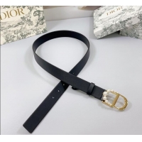 Luxury Discount Dior Calfskin Leather Belt 3cm with Pearls CD Buckle 0108 Black/Gold 2025