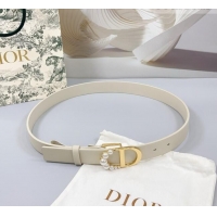 Inexpensive Dior Calfskin Leather Belt 3cm with Pearls CD Buckle Ivory 0108 White/Gold 2025
