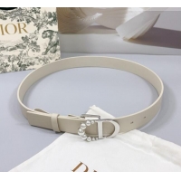 Unique Style Dior Calfskin Leather Belt 3cm with Pearls CD Buckle 0108 Ivory White/Silver 2025