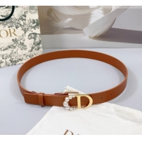 Trendy Design Dior Calfskin Leather Belt 3cm with Pearls CD Buckle 0108 Brown 2025