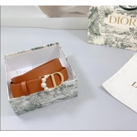 Trendy Design Dior Calfskin Leather Belt 3cm with Pearls CD Buckle 0108 Brown 2025
