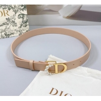 Top Design Dior Calfskin Leather Belt 3cm with Pearls CD Buckle 0108 Light Pink 2025