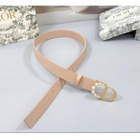 Top Design Dior Calfskin Leather Belt 3cm with Pearls CD Buckle 0108 Light Pink 2025