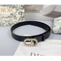 Inexpensive Dior Calfskin Leather Belt 3cm with Strass CD Buckle 0108 Black/Gold 2025