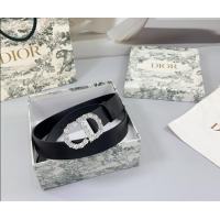 Famous Brand Dior Calfskin Leather Belt 3cm with Strass CD Buckle 0108 Black/Silver 2025