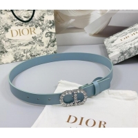 Well Crafted Dior Calfskin Leather Belt 3cm with Strass CD Buckle 0108 Light Blue 2025