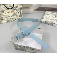 Well Crafted Dior Calfskin Leather Belt 3cm with Strass CD Buckle 0108 Light Blue 2025