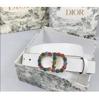 Best Quality Dior Calfskin Leather Belt 3cm with Strass CD Buckle 0108 White/Multicolor 2025