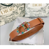 Luxury Discount Dior Calfskin Leather Belt 3cm with Strass CD Buckle 0108 Brown 2025