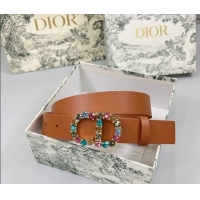 Luxury Discount Dior Calfskin Leather Belt 3cm with Strass CD Buckle 0108 Brown 2025