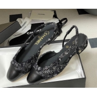 Best Grade Chanel Camellia Tweed & Lambskin Leather Slingbacks Flat G31319 Black 2026