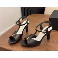 Luxury Chanel Calfskin Leather Heel Sandals with T Strap G47030 Black 2026