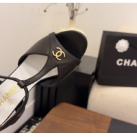 Luxury Chanel Calfskin Leather Heel Sandals with T Strap G47030 Black 2026