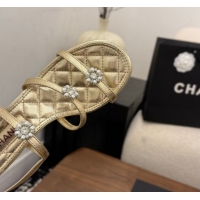 Shop Duplicate Chanel Lambskin Leather Low Heel Strap Sandals with Bloom G46964 Gold 2026