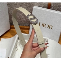 Unique Grade Dior Calfskin Leather Belt 2.5cm with Strass CD Buckle 1230 White/Silver 2025