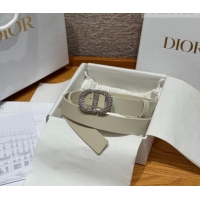 Unique Grade Dior Calfskin Leather Belt 2.5cm with Strass CD Buckle 1230 White/Silver 2025