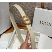 Luxury Discount Dior Calfskin Leather Belt 2.5cm with Strass CD Buckle 1230 White/Gold 2025