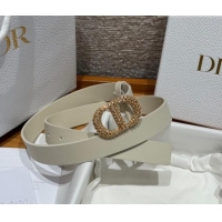 Luxury Discount Dior Calfskin Leather Belt 2.5cm with Strass CD Buckle 1230 White/Gold 2025
