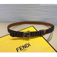 Shop Discount Fendi FF Canvas and Calfskin Belt 2cm FE102201 Brown/Silver 2024