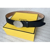 Top Quality Fendi Men's Striped Calfskin Belt 3.4cm 0315 Black/Silver 2025