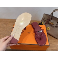 Big Discount Hermes Miss Flat Slides Thong Sandal in Calfskin Leather with Kelly Buckle Burgundy 2026 0304021