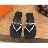 Shop Duplicate Hermes Miss Flat Slides Thong Sandal in Calfskin Leather with Kelly Buckle Silver 2026 0304024