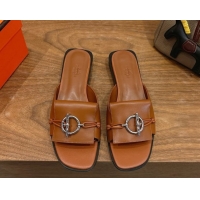 Charming Hermes Flat Slides Sandal in Calfskin Leather with Buckle Brown 2026 HS030401