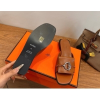 Charming Hermes Flat Slides Sandal in Calfskin Leather with Buckle Brown 2026 HS030401