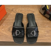 Good Quality Hermes Flat Slides Sandal in Calfskin Leather with Buckle Black 2026 HS030401
