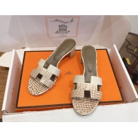 Top Grade Hermes Oasis Classic Heel Slides Sandal 4.5cm in Crocodile Embossed Leather White/Brown 2026 0304031