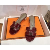 Best Grade Hermes Oasis Classic Heel Slides Sandal 4.5cm in Crocodile Embossed Leather Burgundy 2026 0304042