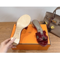 Best Grade Hermes Oasis Classic Heel Slides Sandal 4.5cm in Crocodile Embossed Leather Burgundy 2026 0304042