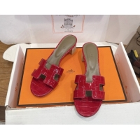 Top Design Hermes Oasis Classic Heel Slides Sandal 4.5cm in Crocodile Embossed Leather Red 2026 0304043