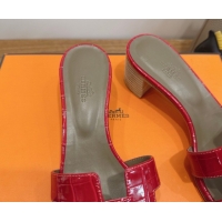 Top Design Hermes Oasis Classic Heel Slides Sandal 4.5cm in Crocodile Embossed Leather Red 2026 0304043