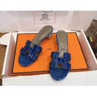 Durable Hermes Oasis Classic Heel Slides Sandal 4.5cm in Crocodile Embossed Leather Blue 0304032