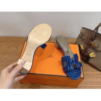 Durable Hermes Oasis Classic Heel Slides Sandal 4.5cm in Crocodile Embossed Leather Blue 0304032
