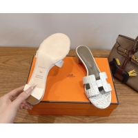 Low Cost Hermes Oasis Classic Heel Slides Sandal 4.5cm in Crocodile Embossed Leather White/Grey 0304033