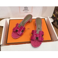 Luxurious Hermes Oasis Classic Heel Slides Sandal 4.5cm in Crocodile Embossed Leather Dark Pink 0304033